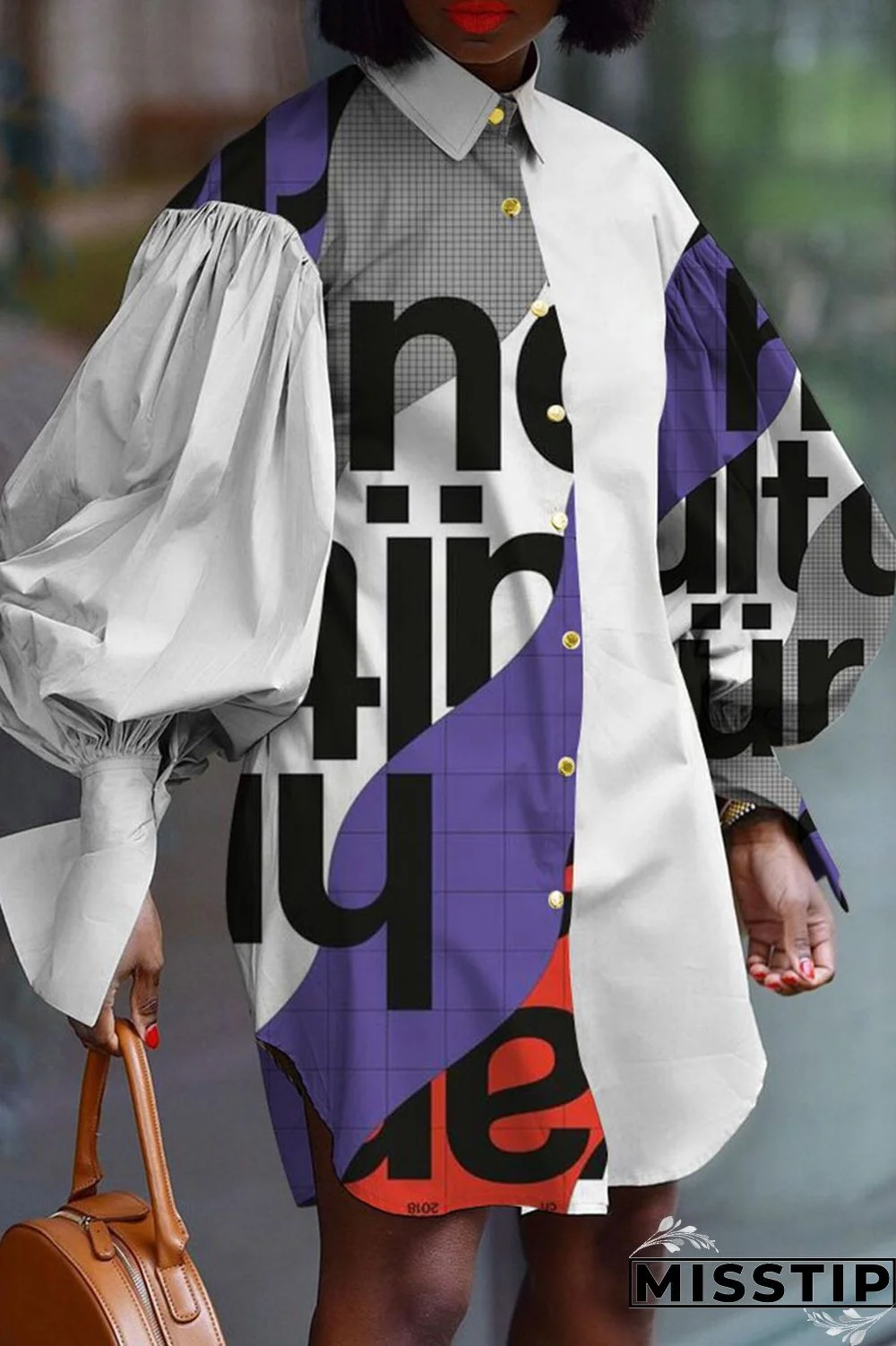 White Street Print Patchwork Buckle Turndown Collar Shirt Dress Dresses
