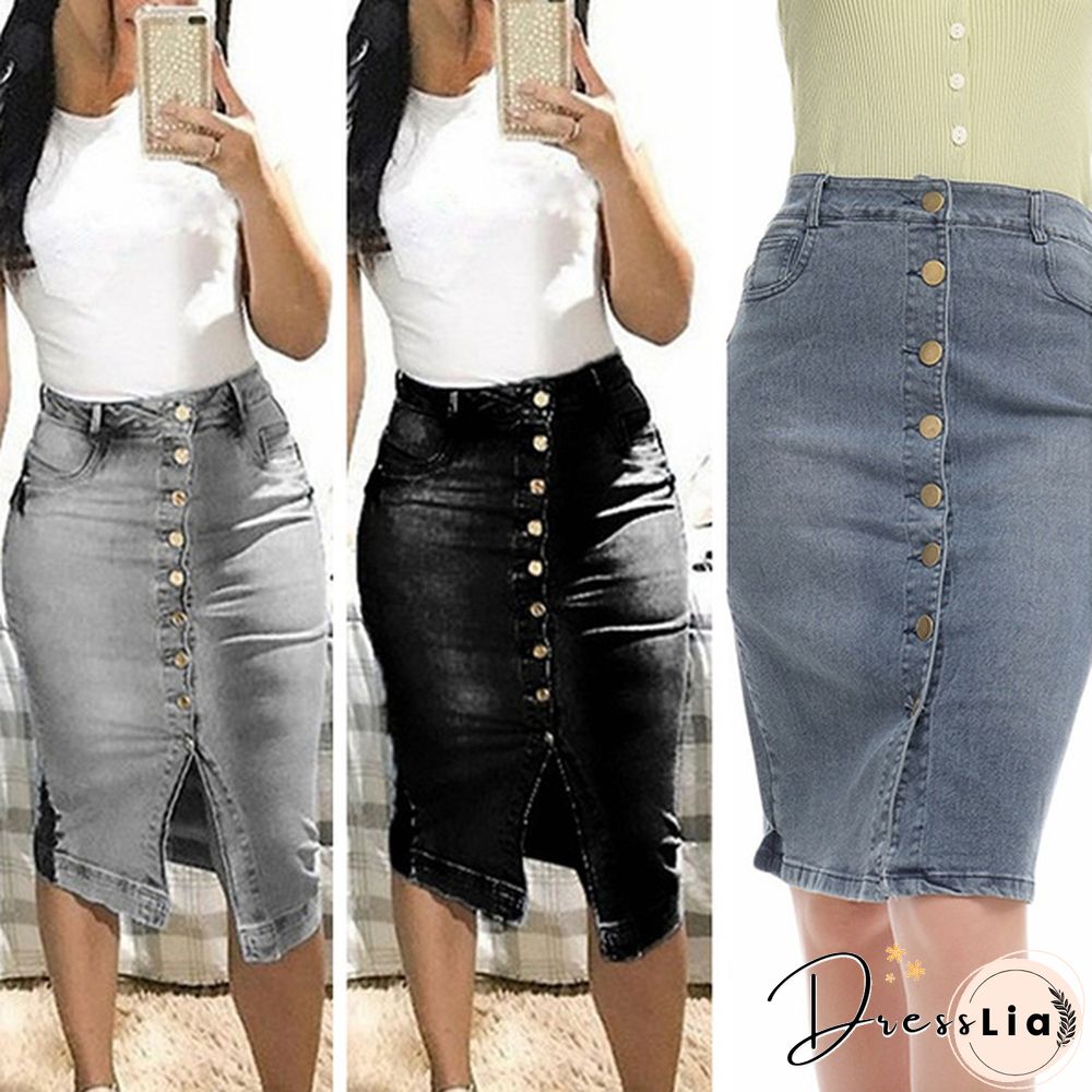 Fashion Women's Fashion Denim Skirt Summer Button Design Split Front Skirts
