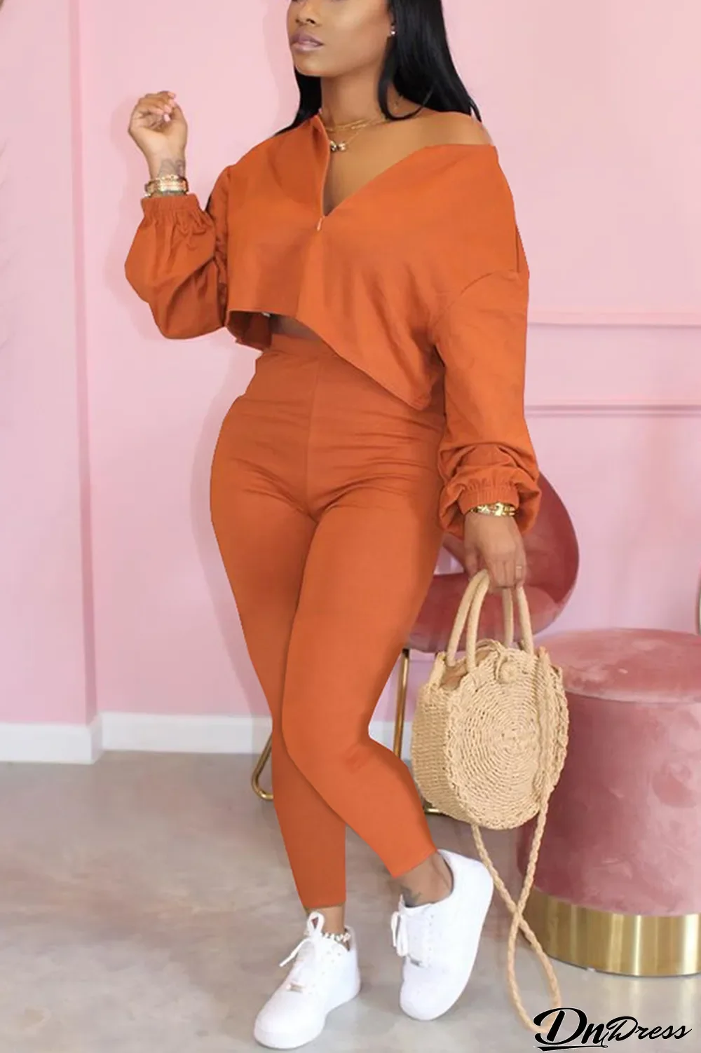 Orange Fashion Patchwork Solid Asymmetrical V Neck Long Sleeve Two Pieces