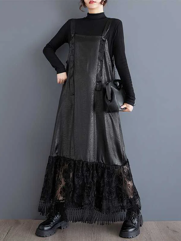 Jacquard Solid Color Split-Joint A-Line Loose Spaghetti-Neck Suspender Dress