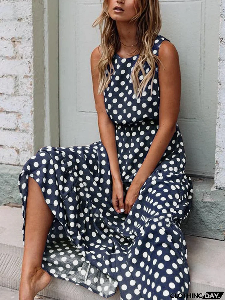 Round Neck  Polka Dots Casual Dresses