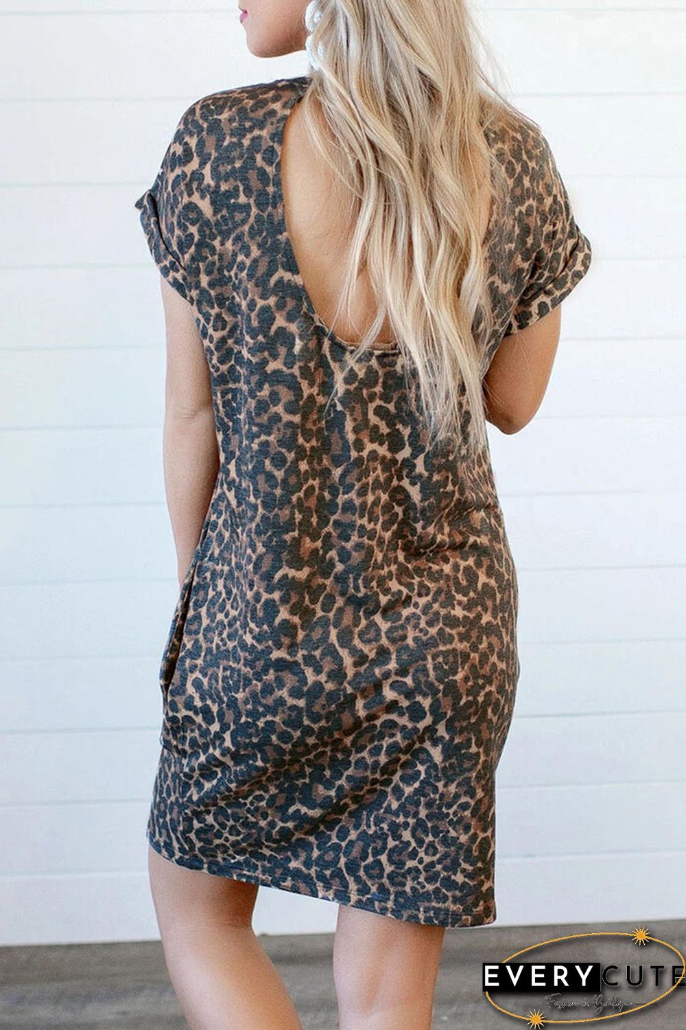 Leopard Short Sleeve Backless Pocketed Mini Dress