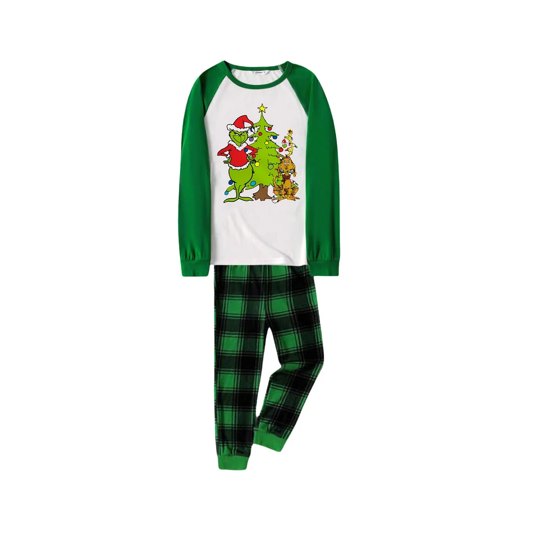 Cartoon Pattern and Christmad Tree Printed Green Plaid Long Sleeve Christmas Family Pajamas