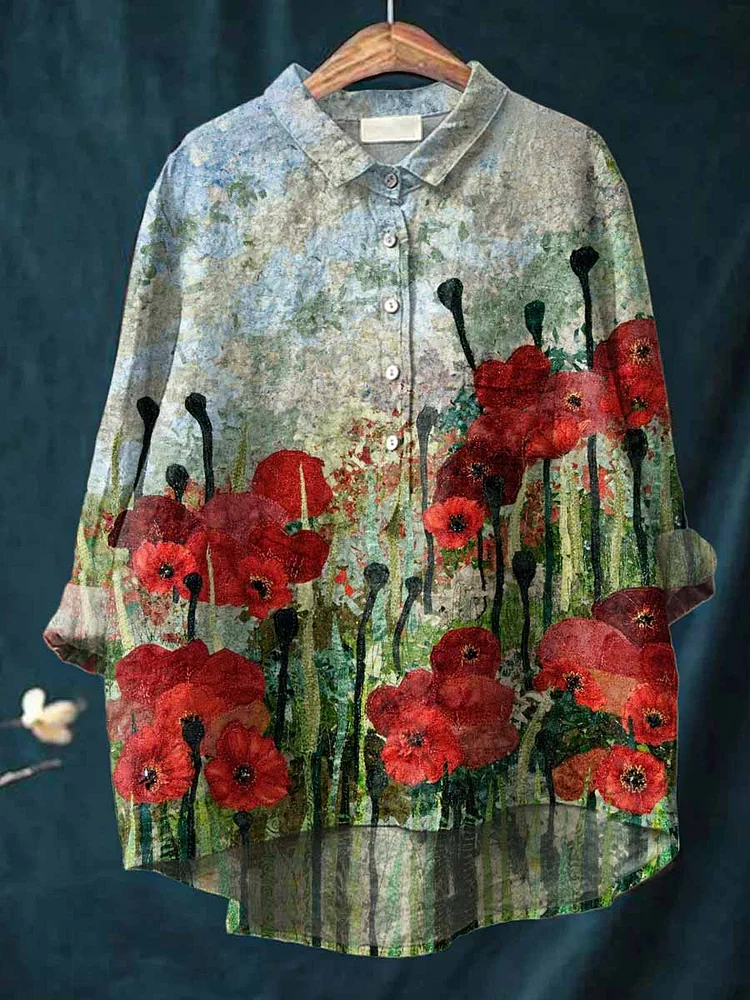 Womens Art Oil Painting Floral Pattern Casual Cotton And Linen Shirt