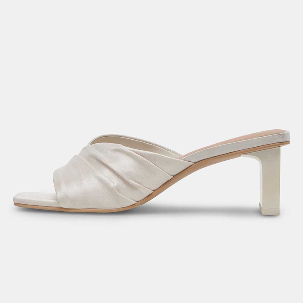 White Satin Square Toe Block Heel Ruched Mule Sandals for Wedding Nicepairs