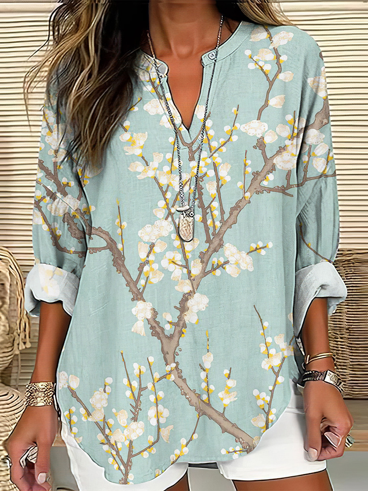 Comstylish Vintage Japanese Ink Painting Of Flower Trees Linen Blend Tunic