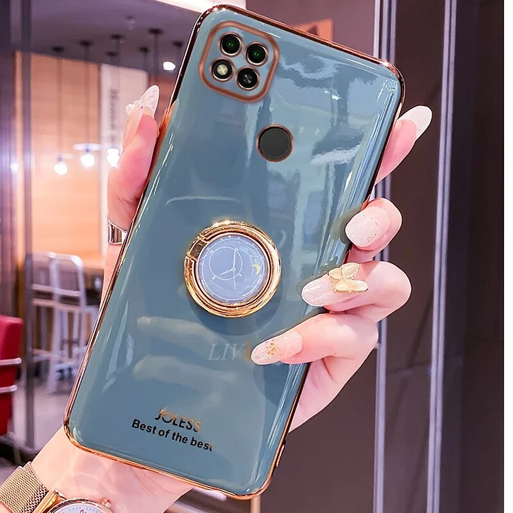On Redmi9c Ring Holder Soft Silicone Phone Stand Case For Xiaomi Redmi  9C Nfc Luxury Plating Gold Bumper Back Cover