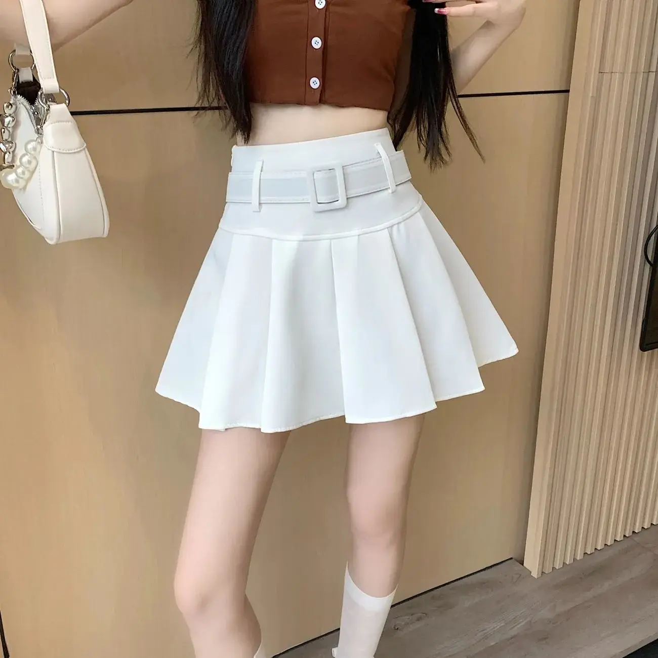 Bonushus Skirts Women Sweet Pleated Japan Style Solid Party with Belt Design All-match Mini Ulzzang Holiday Ins Spring Summer Schoolgirl