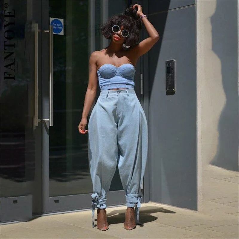 FANTOYE Women Casual Wide Leg Bandage Jeans Autumn Fashion High Waist Loose Trousers Light Blue Plus Size Pants Streetwear Hot 1119