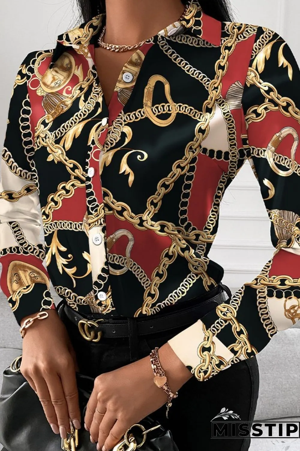 Black Red Casual Print Patchwork Shirt Collar Tops
