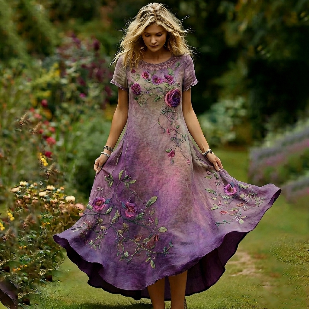 Women's Vintage Purple Rose Gradient Pattern Casual Round-neck Dress elevenforest