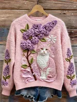 Lovely Cat Flowers Art Cozy Fuzzy Knit Sweater