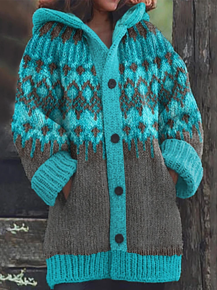 Retro Ethnic Geometric Pattern Contrast Sweater Cardigan