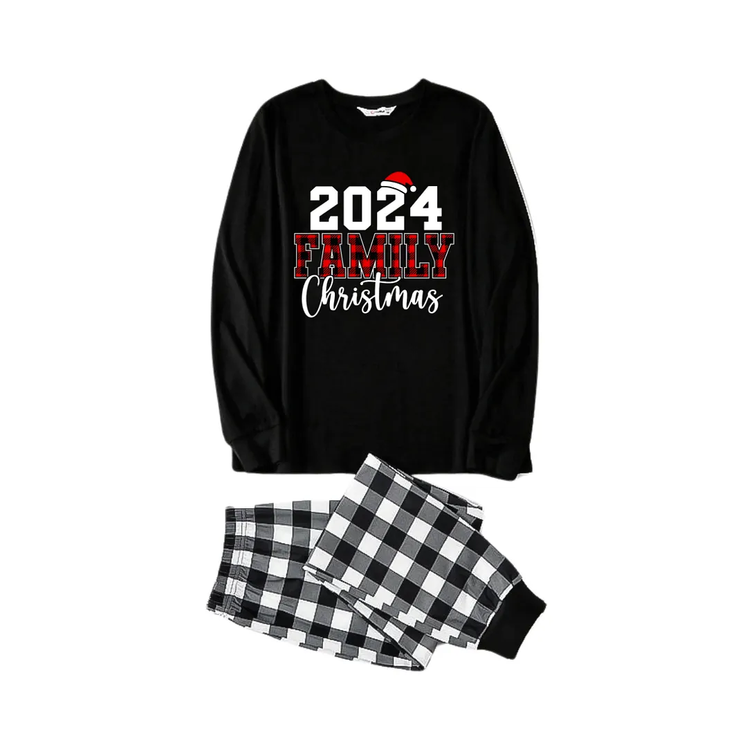 2024 Family Christmas Text Print Black Long Sleeve Top with Black And White Plaid Pants Family Matching Pajamas