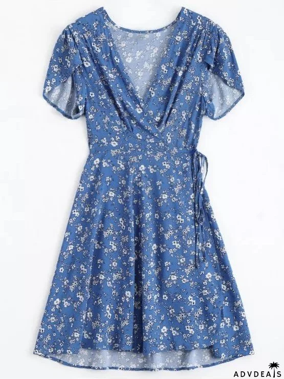 Wrap Neck Flowered Plunging Tiny Dress