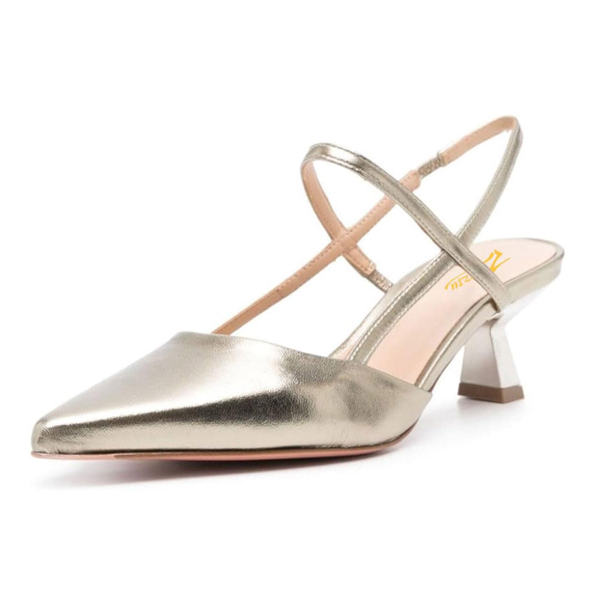 Champagne Slip-On Pointed Toe Flared Heel Strap Slingback Pumps Nicepairs