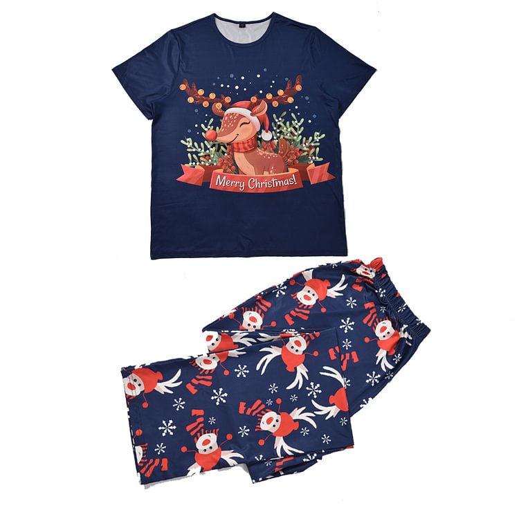 Matching Family Christmas Pajamas Sets Navy Blue Merry Christmas Elk Snowflake Two-Piece Sleepwear With Dog