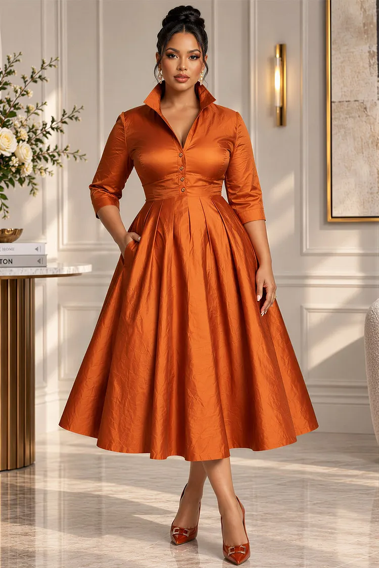 Xpluswear Design Plus Size Cocktail Party Orange Shirt Collar Long Sleeve Pocket Pleated Satin Midi Dresses [Pre-Order] 2024 - Xpluswear