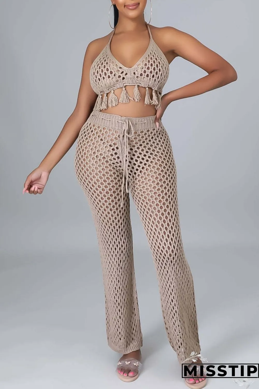 Orange Sexy Solid Bandage Hollowed Out Backless Halter Sleeveless Two Pieces