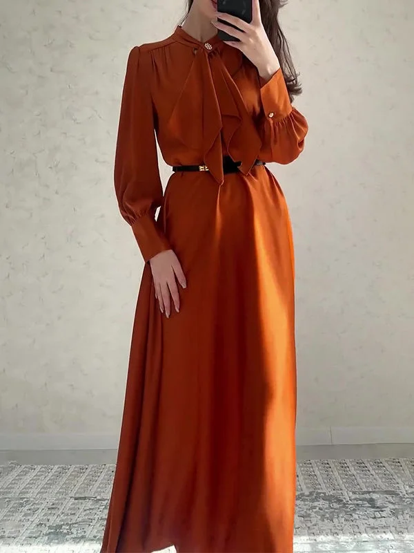 Style & Comfort for Mature Women Women's Long Sleeve Retro Style Ruffle Collar Pleated Design High Waist Slimming  Maxi Dress