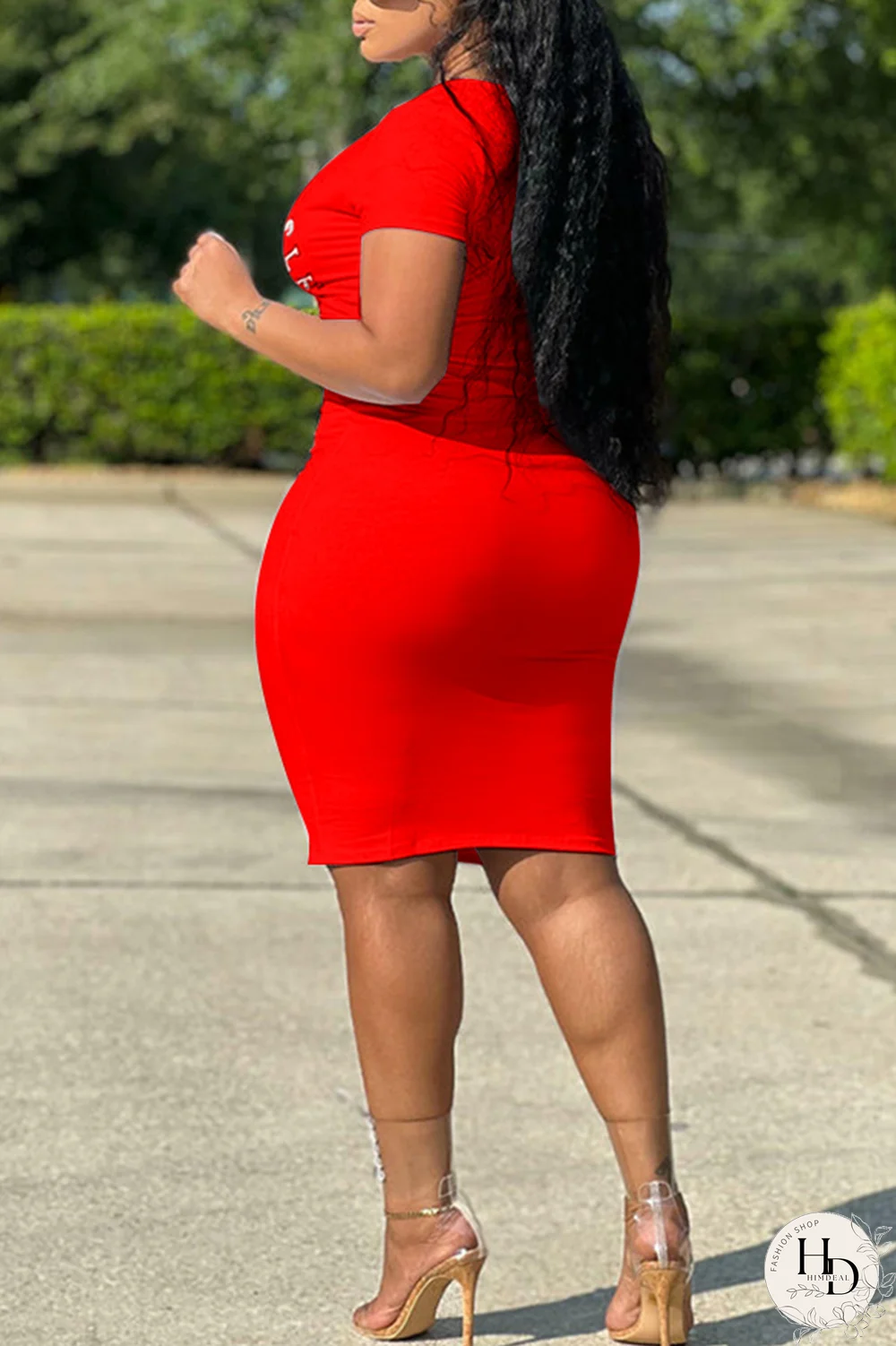 Tangerine Red Fashion Print Patchwork V Neck Pencil Skirt Dresses