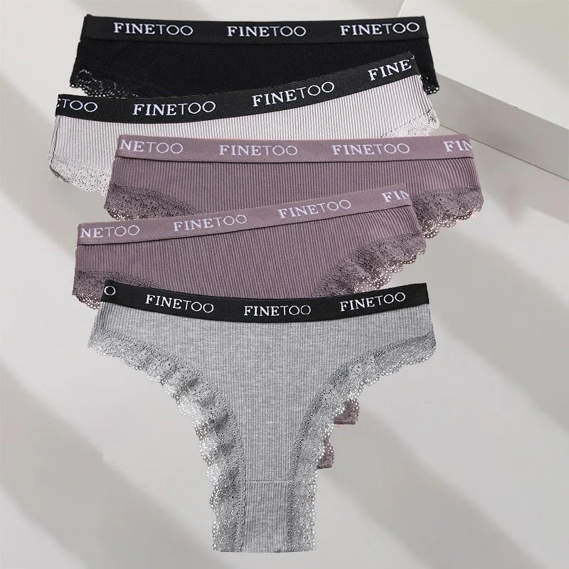 FINETOO 5PCS/Set M-XXL Cotton Panties Women's Letter Thong  Girls Brazilian Panty Sexy Lace Underwear For Woman Lingerie Bikini