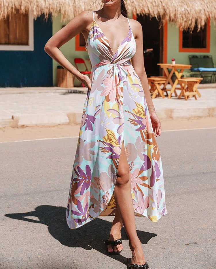 Liliana Leafy Plunge Unique Hem Maxi Slip Dress
