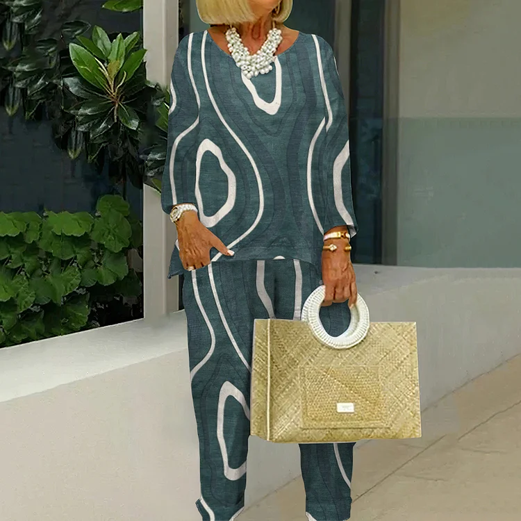 Casual Geometric Print Long Sleeve Two Piece Set