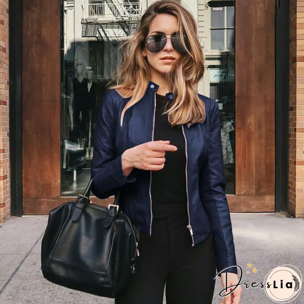 Women Spring Zipper Casual PU Leather Soft Motorcycle Leather Jacket Coat