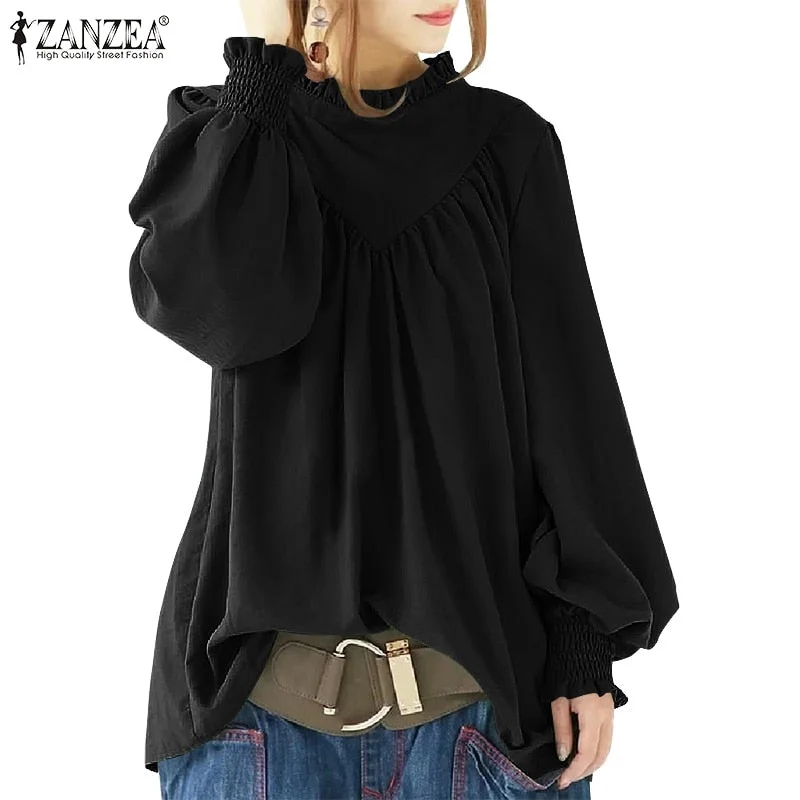 ZANZEA 2021 Women Fashion Casual Office Shirt Solid Chemise Femme Clothing Plain Ruffles Work Blusa Autumn Puff Sleeve Blouse