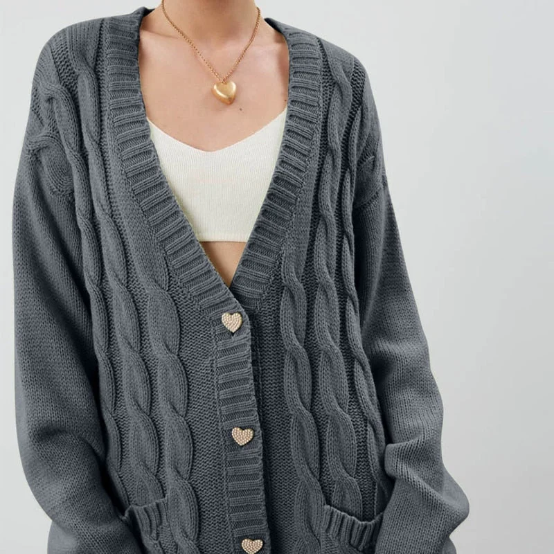 WannaThis Women Striped Jacquard Cardigans Sweater Autumn 2021 Oversize Loose Streetwear Korean Fashion Button Pockets Sweater