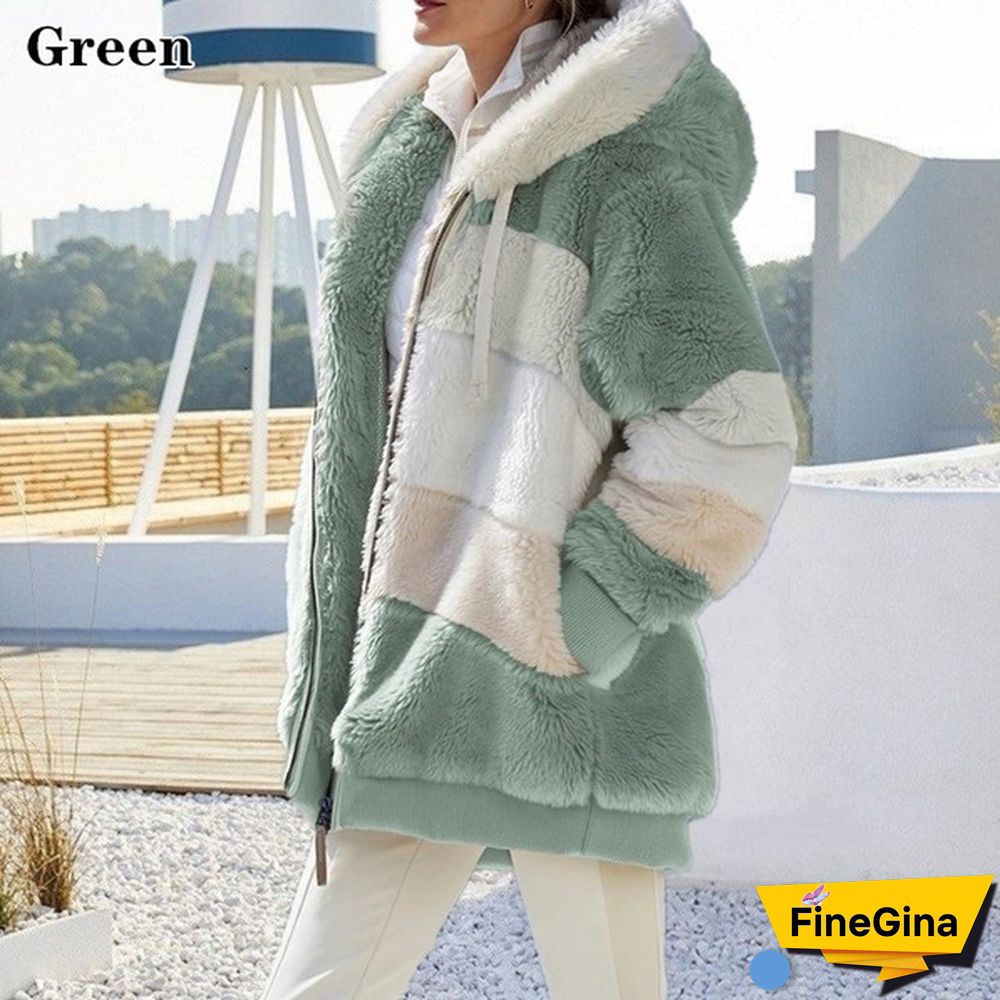 New Winter Women's Jacket Hooded Warm Plush Loose Jacket for Women Patchwork Winter Outerwear Faux Fur Zipper Ladies Parka Coat Plus Size
