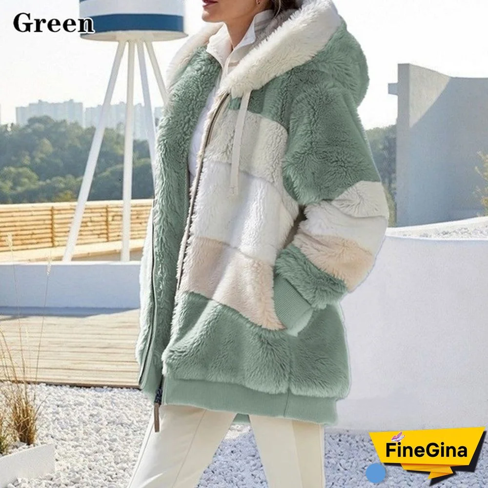 New Winter Women's Jacket Hooded Warm Plush Loose Jacket for Women Patchwork Winter Outerwear Faux Fur Zipper Ladies Parka Coat Plus Size