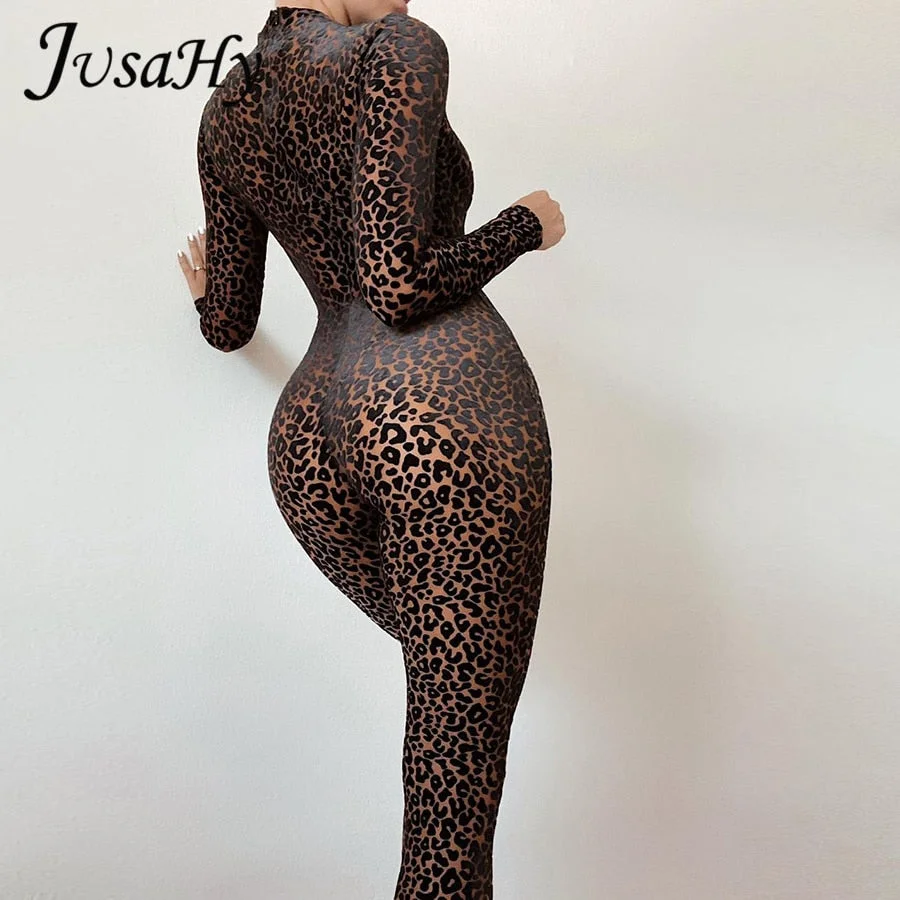 JuSaHy Y2K Leopard Print Jumpsuit for Women Autumn Long Sleeves Stand Collar Skinny Slim Casual Streetwear Female Tracksuit New