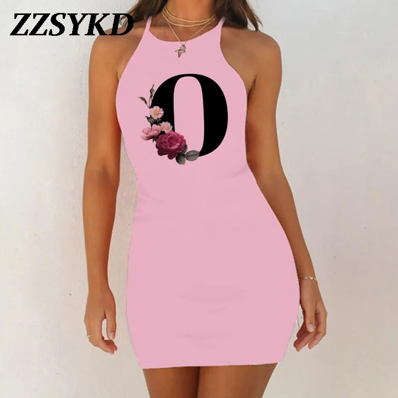 26 English Alphabet Print Summer Sexy Clothes Women Dresses 2020 Plus Size Dress Bodycon Evening Party O-Neck Pink Mini Vestidos