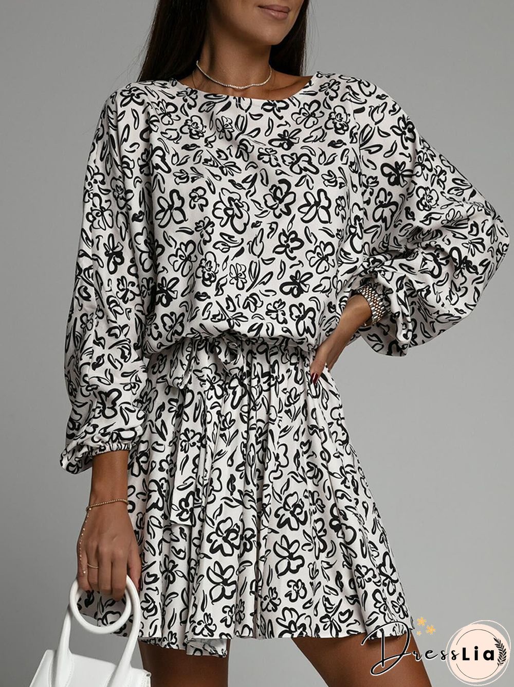 Womens Clothing Dress Elegant Floral Print O-neck Lace Full Sleeves A-line Mini Pleated