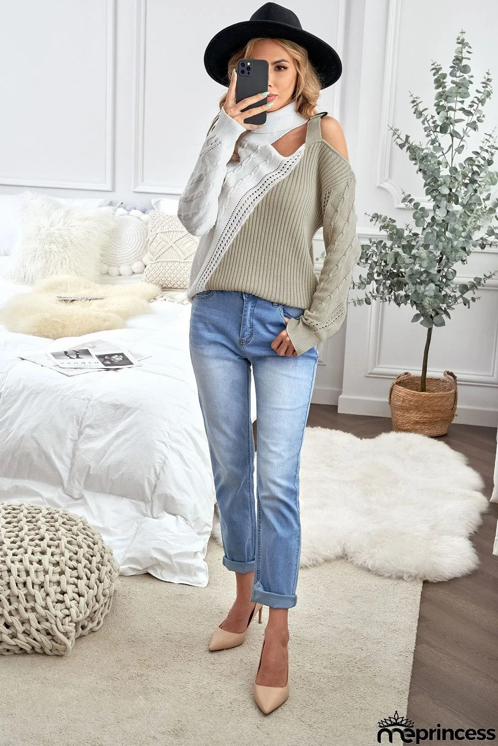 Chic Apricot White Turtleneck Cold Shoulder Sweater