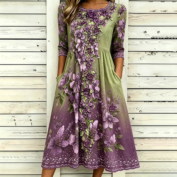Women's Retro Floral Print Round Neck Dress