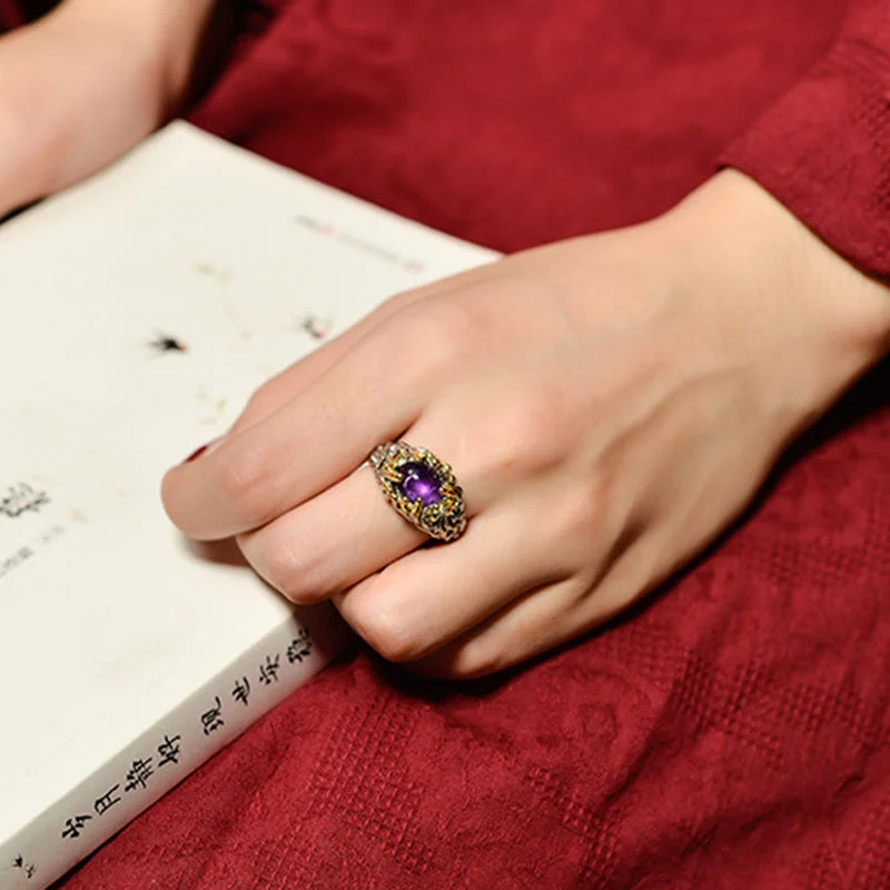 Amethyst 925 Sterling Silver Blessing Adjustable Ring