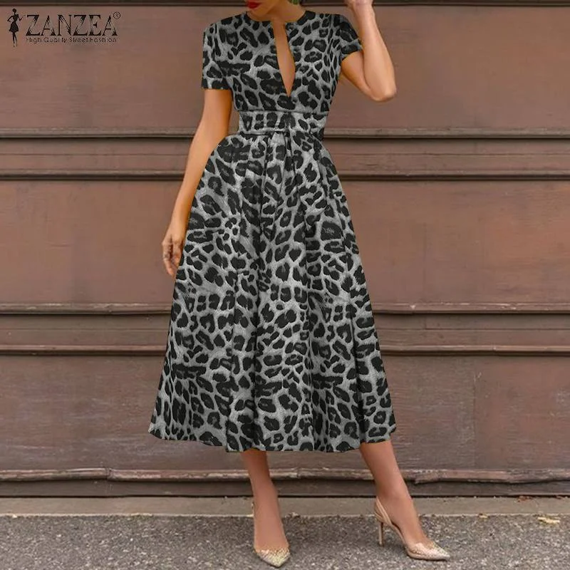 2022 ZANZEA Bohemian Summer Leopard Printed Sundress Fashion Holiday Short Sleeve A-line Midi Dress Party Vestidos Robe Femme