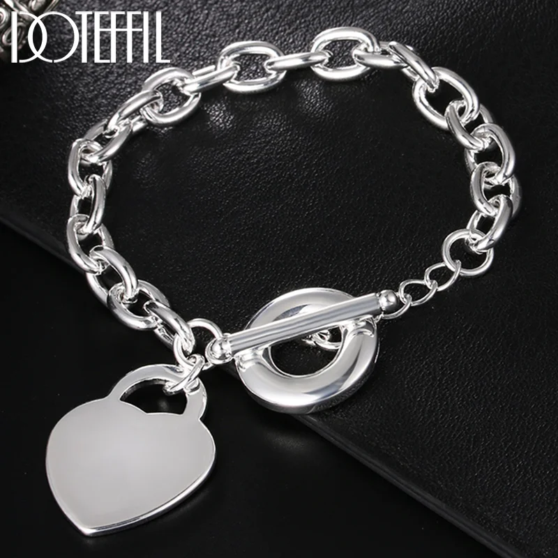 DOTEFFIL 925 Sterling Silver Love Heart Pendant Bracelet Chain TO Buckle For Women Jewelry