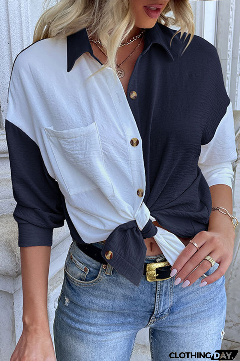Elegant Color Block Pocket Contrast Turndown Collar Tops