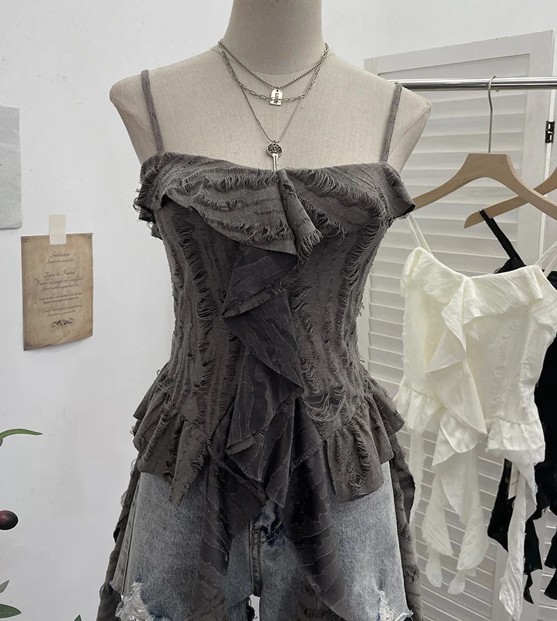 Uveng Dark Wasteland To Make Old Hole Slings Vest Irregular Lotus Side Ribbon Short Sleeveless Top 9238