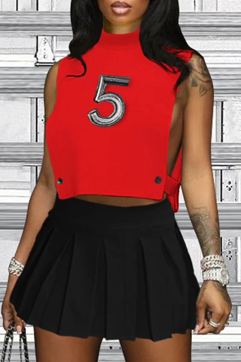 Red Fashion Sexy Print Patchwork Turtleneck Sleeveless Two Pieces | EGEMISS