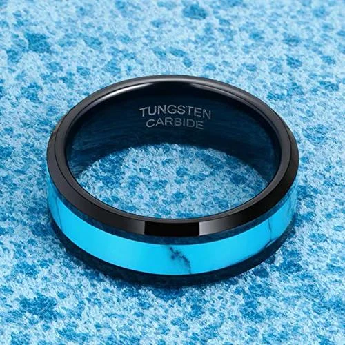 6MM 8MM Men's or Women's Black Tungsten Carbide Blue Turquoise Inlay Tungsten Carbide Wedding Matching Rings