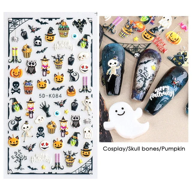 Nail Stickers Embossed 5D Elegant Halloween Vampire Skull White Flowers Designs Back Glue Nail Decals Tips For Beauty Salons-Nail Inspo