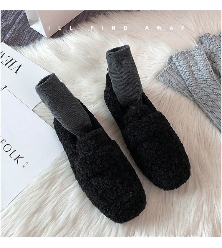 Lambs fur cotton shoes women solid color slip on loafers winter square toe moccasins wool fur flats comfy ballet shoes plus size