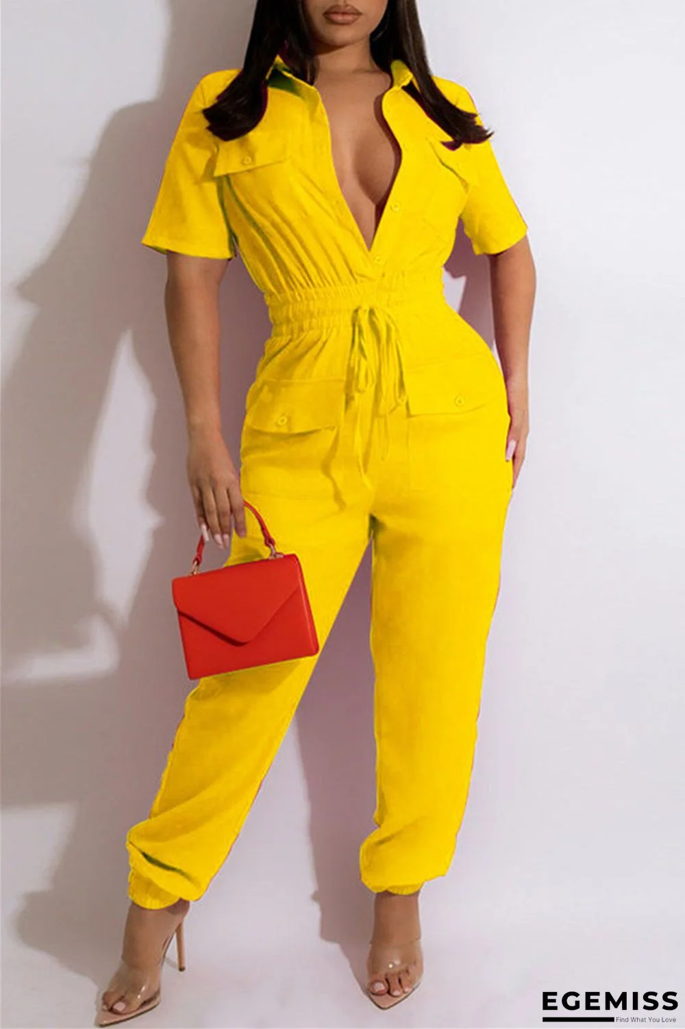 Yellow Fashion Casual Solid Patchwork Turndown Collar Regular Jumpsuits | EGEMISS