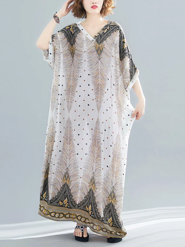Ethnic Printed Plus Size V-Neck Batwing Sleeve Maxi Dress