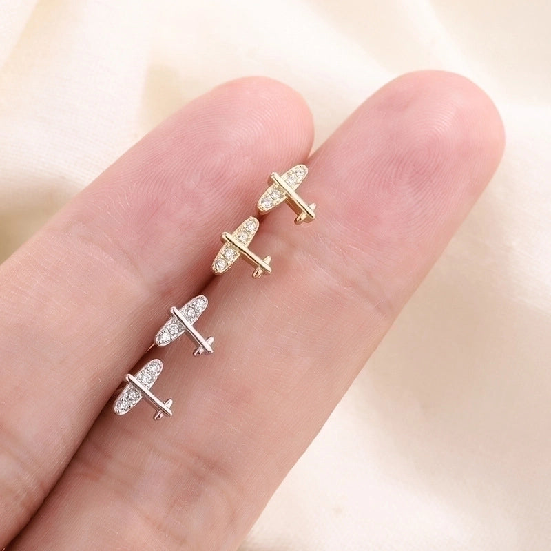 Minimalist Airplane Copper Inlay Zircon Ear Studs 1 Pair